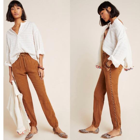 Anthropologie Pants Womens XL Brown Byron Embroidered Seamed Utility Jogger Boho - Picture 1 of 12